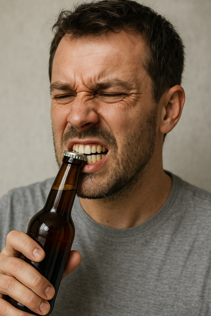 Man opening a bottle with his teeth