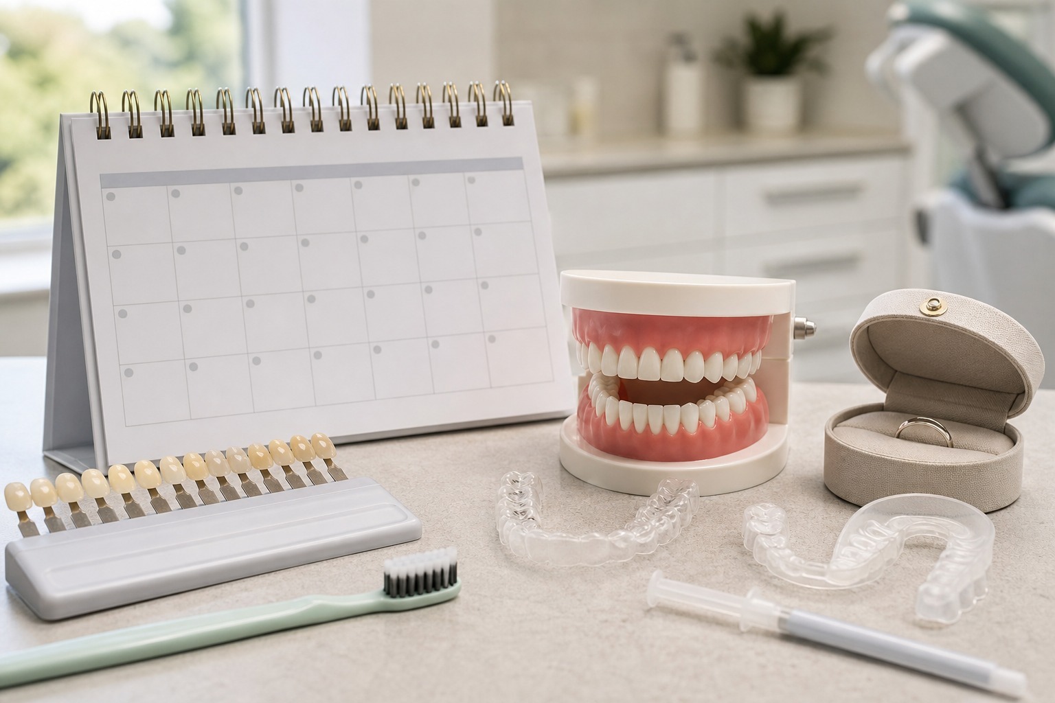 Wedding dental treatment planning timeline with aligners and whitening trays